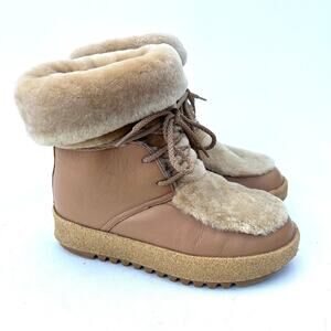 Montelliana 1965 Lambskin Fur Trim Lace-Up Winter Boots Shearling 38 Tan 8